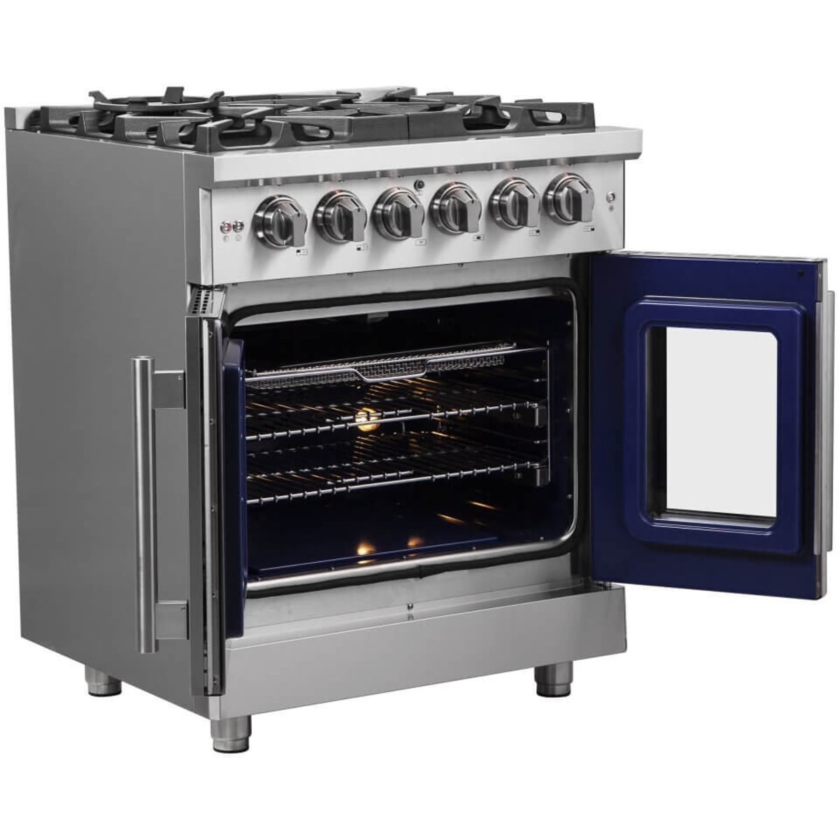 Forno Massimo FFSGS632530 30 Inch Freestanding French Door Dual Fuel Range with 5 Sealed Burners, 4.32 cu. ft. Oven Capacity, Continuous Grates, Steam Clean, and Convection Oven
