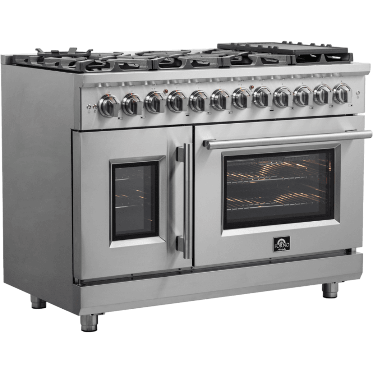 Forno Massimo FFSGS632548 48 Inch Freestanding Dual Fuel Range with 8 Sealed Burners, Double Oven, 6.58 cu. ft. Total Capacity, Continuous Grates, and Reversible Grill/Griddle