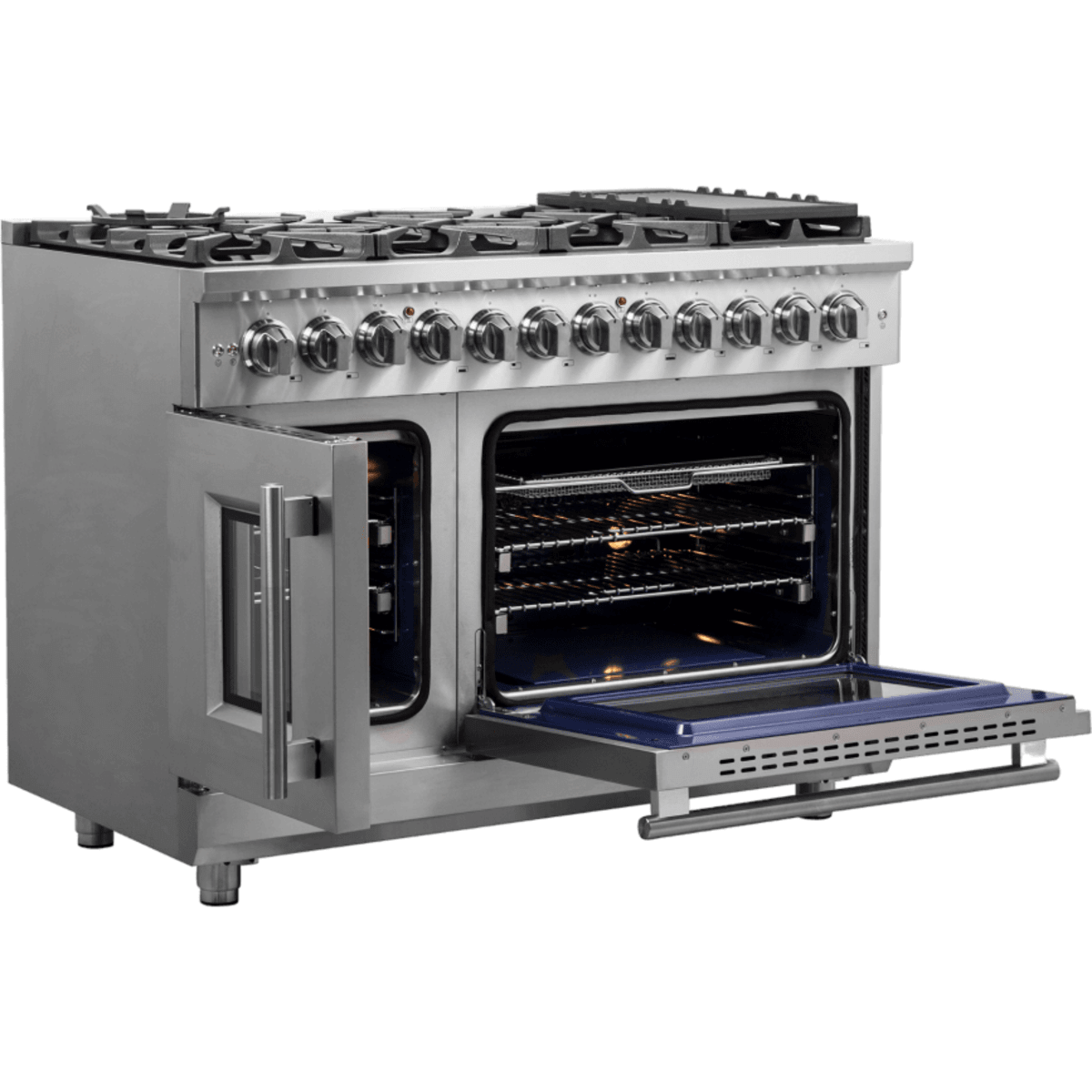 Forno Massimo FFSGS632548 48 Inch Freestanding Dual Fuel Range with 8 Sealed Burners, Double Oven, 6.58 cu. ft. Total Capacity, Continuous Grates, and Reversible Grill/Griddle