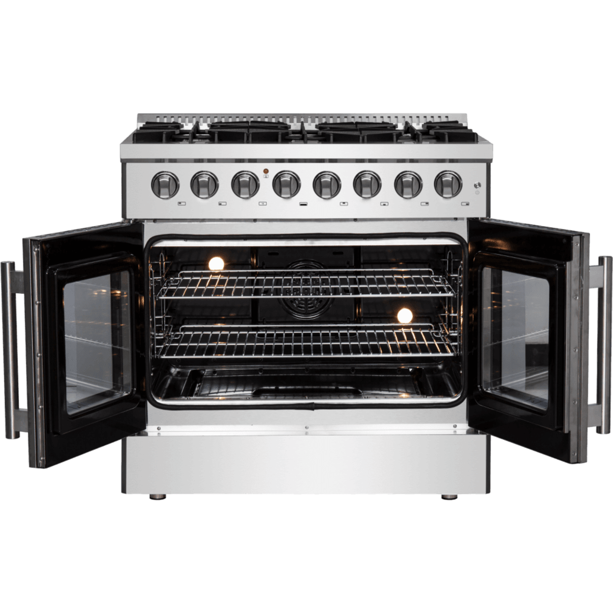 Forno Galiano FFSGS635636 Freestanding French Door Dual Fuel Range with Convection Oven, Continuous Grates, and Insulated Oven Door: 36" Width, 6 Sealed Burners, 5.36 cu. ft. Capacity