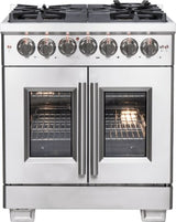 Forno Capriasca FFSGS638730 Freestanding French Door Dual Fuel Range with Air Fry, Steam Clean Oven, Convection Oven, and Grill/Griddle: 30" Width, 5 Sealed Burners, 4.32 cu. ft. Capacity