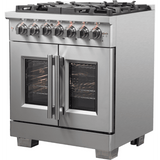 Forno Capriasca FFSGS638730 Freestanding French Door Dual Fuel Range with Air Fry, Steam Clean Oven, Convection Oven, and Grill/Griddle: 30" Width, 5 Sealed Burners, 4.32 cu. ft. Capacity