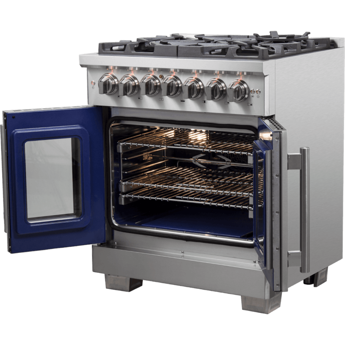 Forno Capriasca FFSGS638730 Freestanding French Door Dual Fuel Range with Air Fry, Steam Clean Oven, Convection Oven, and Grill/Griddle: 30" Width, 5 Sealed Burners, 4.32 cu. ft. Capacity