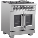 Forno Capriasca FFSGS638730 Freestanding French Door Dual Fuel Range with Air Fry, Steam Clean Oven, Convection Oven, and Grill/Griddle: 30" Width, 5 Sealed Burners, 4.32 cu. ft. Capacity