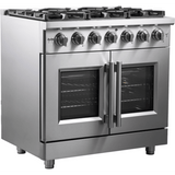 Forno Massimo FFSGS643936 Freestanding French Door Gas Range with Air Fry, Steam Clean Oven, and Illuminated Metal Knobs: 36" Width, 6 Sealed Burners, 5.36 cu. ft. Capacity