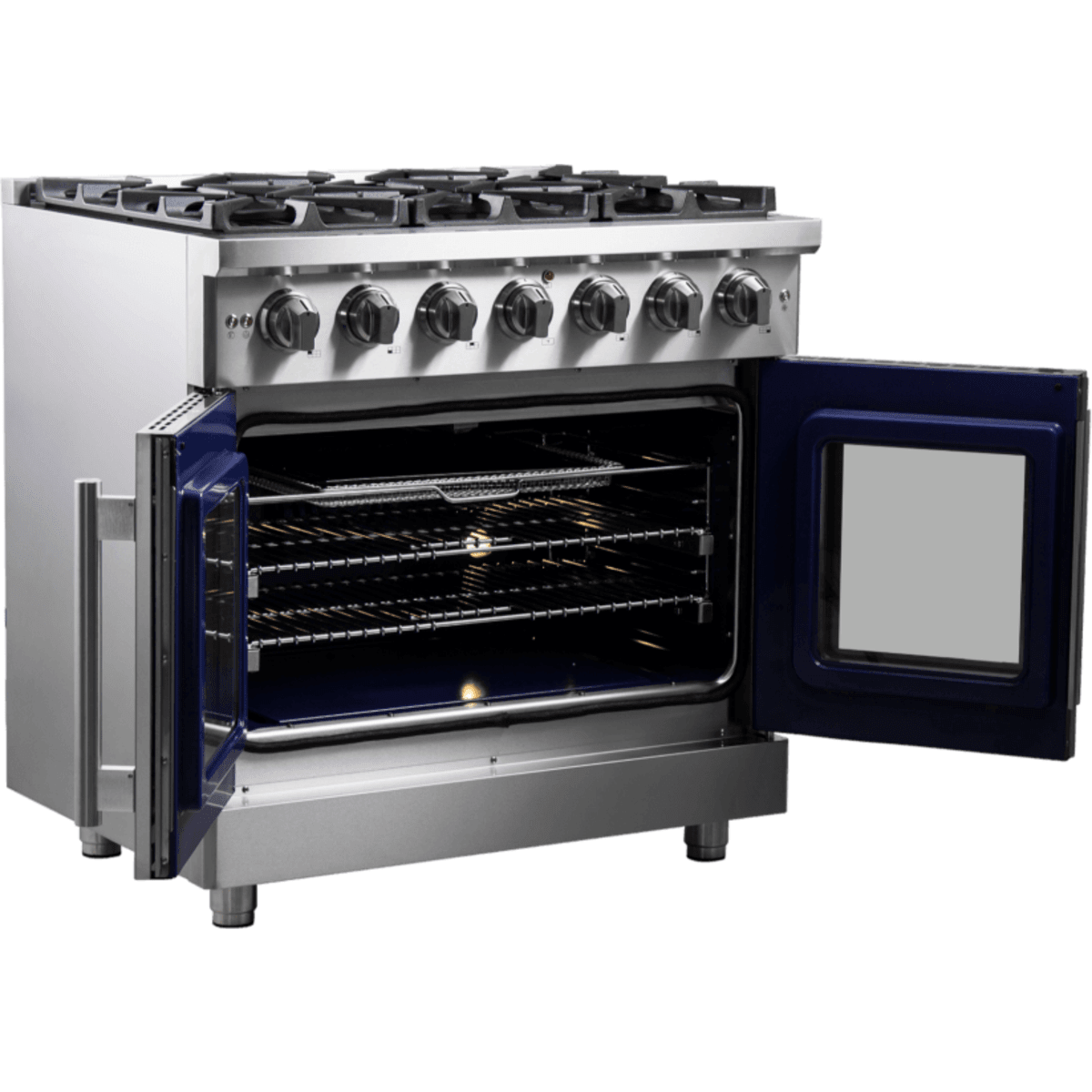 Forno Massimo FFSGS643936 Freestanding French Door Gas Range with Air Fry, Steam Clean Oven, and Illuminated Metal Knobs: 36" Width, 6 Sealed Burners, 5.36 cu. ft. Capacity