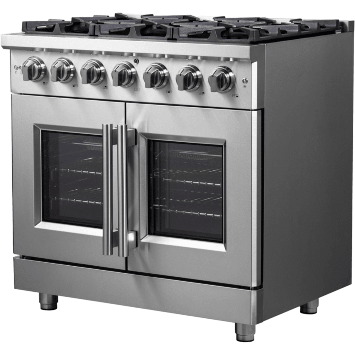 Forno Massimo FFSGS643936 Freestanding French Door Gas Range with Air Fry, Steam Clean Oven, and Illuminated Metal Knobs: 36" Width, 6 Sealed Burners, 5.36 cu. ft. Capacity