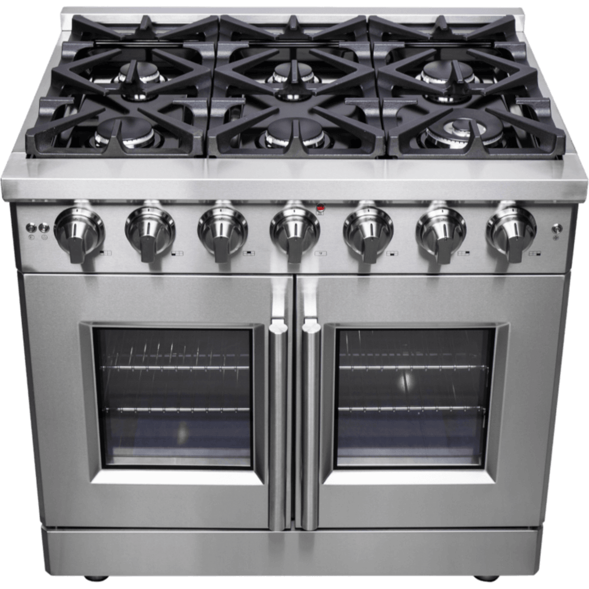Forno Massimo FFSGS643936 Freestanding French Door Gas Range with Air Fry, Steam Clean Oven, and Illuminated Metal Knobs: 36" Width, 6 Sealed Burners, 5.36 cu. ft. Capacity