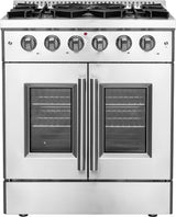 Forno Galiano FFSGS644430 30 Inch Freestanding French Door Gas Range with 5 Sealed Burners, 4.32 cu. ft. Oven Capacity, Continuous Cast Iron Grates, and LP Convertible Kit Included: Stainless Steel