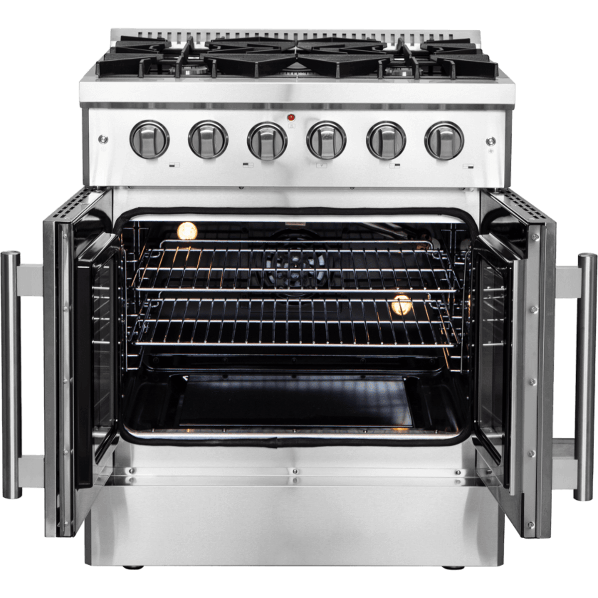 Forno Galiano FFSGS644430 30 Inch Freestanding French Door Gas Range with 5 Sealed Burners, 4.32 cu. ft. Oven Capacity, Continuous Cast Iron Grates, and LP Convertible Kit Included: Stainless Steel