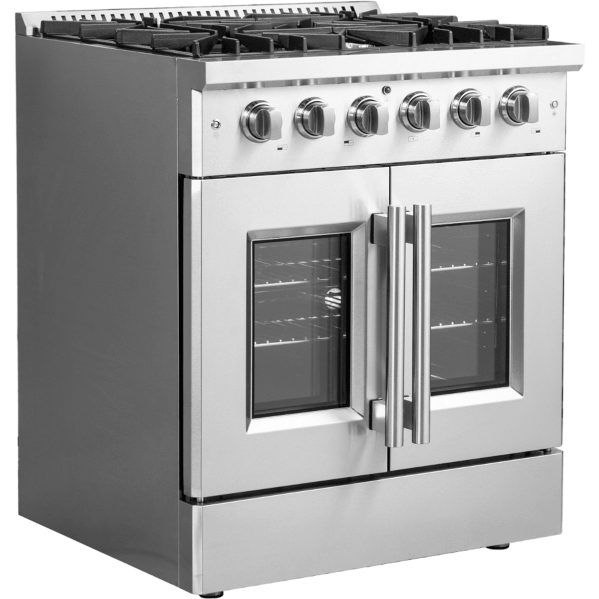 Forno Galiano FFSGS644430 30 Inch Freestanding French Door Gas Range with 5 Sealed Burners, 4.32 cu. ft. Oven Capacity, Continuous Cast Iron Grates, and LP Convertible Kit Included: Stainless Steel