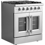 Forno Galiano FFSGS644430 30 Inch Freestanding French Door Gas Range with 5 Sealed Burners, 4.32 cu. ft. Oven Capacity, Continuous Cast Iron Grates, and LP Convertible Kit Included: Stainless Steel