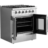 Forno Galiano FFSGS644430 30 Inch Freestanding French Door Gas Range with 5 Sealed Burners, 4.32 cu. ft. Oven Capacity, Continuous Cast Iron Grates, and LP Convertible Kit Included: Stainless Steel
