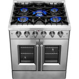 Forno Galiano FFSGS644430 30 Inch Freestanding French Door Gas Range with 5 Sealed Burners, 4.32 cu. ft. Oven Capacity, Continuous Cast Iron Grates, and LP Convertible Kit Included: Stainless Steel