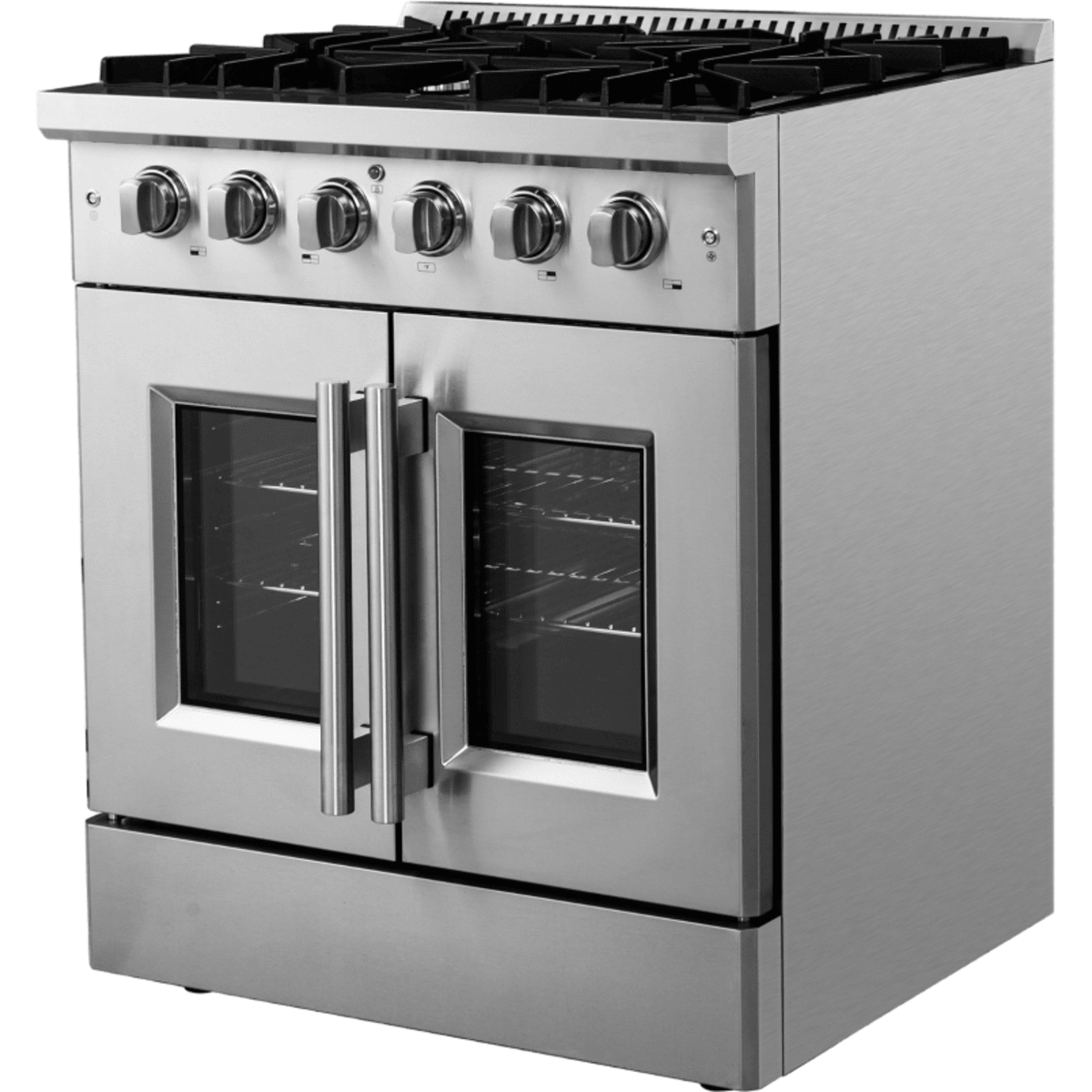 Forno Galiano FFSGS644430 30 Inch Freestanding French Door Gas Range with 5 Sealed Burners, 4.32 cu. ft. Oven Capacity, Continuous Cast Iron Grates, and LP Convertible Kit Included: Stainless Steel