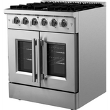 Forno Galiano FFSGS644430 30 Inch Freestanding French Door Gas Range with 5 Sealed Burners, 4.32 cu. ft. Oven Capacity, Continuous Cast Iron Grates, and LP Convertible Kit Included: Stainless Steel