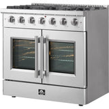 Forno Galiano FFSGS644436 36 Inch Freestanding French Door Gas Range with 6 Sealed Burners, 5.36 cu. ft. Oven Capacity, Continuous Cast Iron Grates, and LP Convertible Kit Included: Stainless Steel