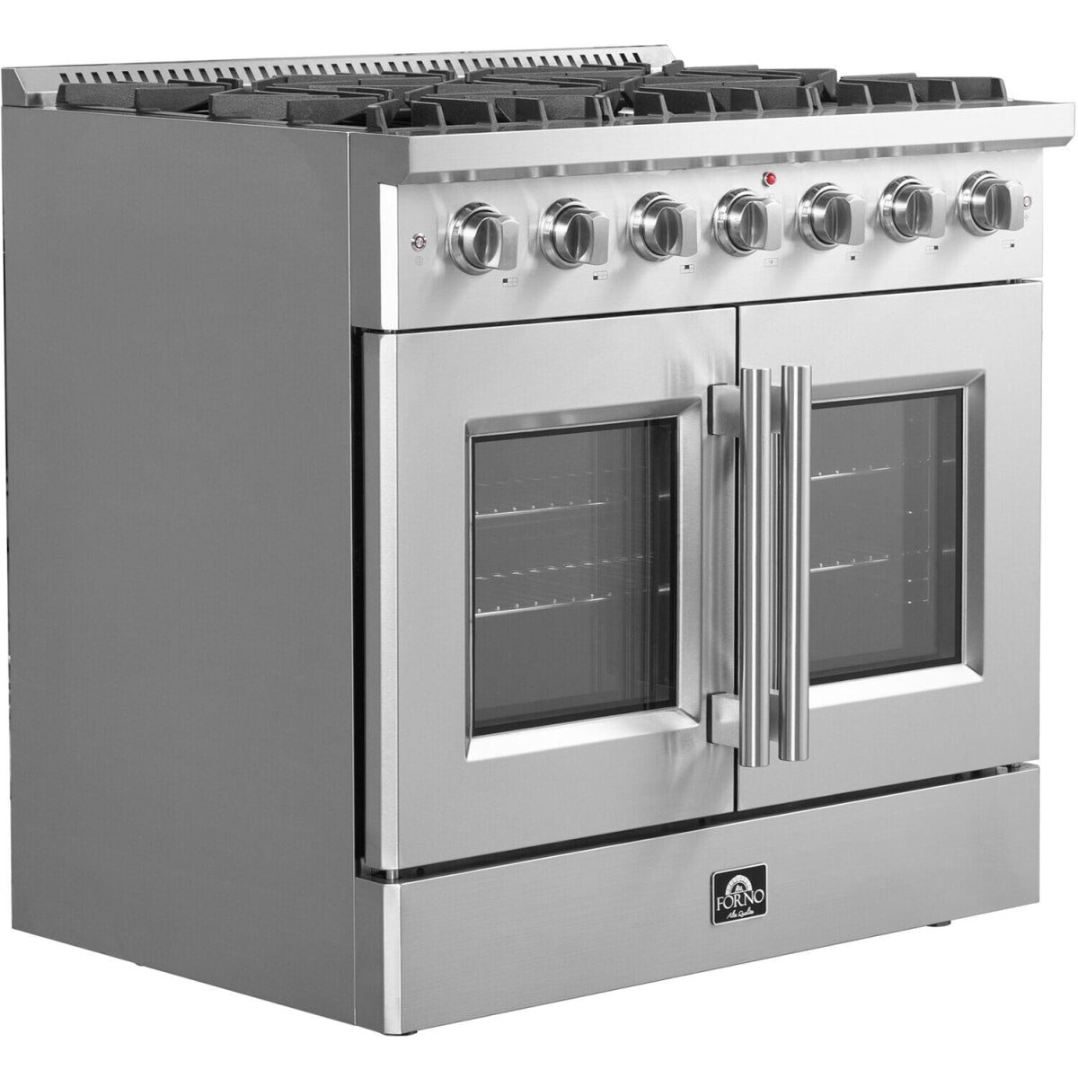 Forno Galiano FFSGS644436 36 Inch Freestanding French Door Gas Range with 6 Sealed Burners, 5.36 cu. ft. Oven Capacity, Continuous Cast Iron Grates, and LP Convertible Kit Included: Stainless Steel