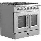 Forno Galiano FFSGS644436 36 Inch Freestanding French Door Gas Range with 6 Sealed Burners, 5.36 cu. ft. Oven Capacity, Continuous Cast Iron Grates, and LP Convertible Kit Included: Stainless Steel