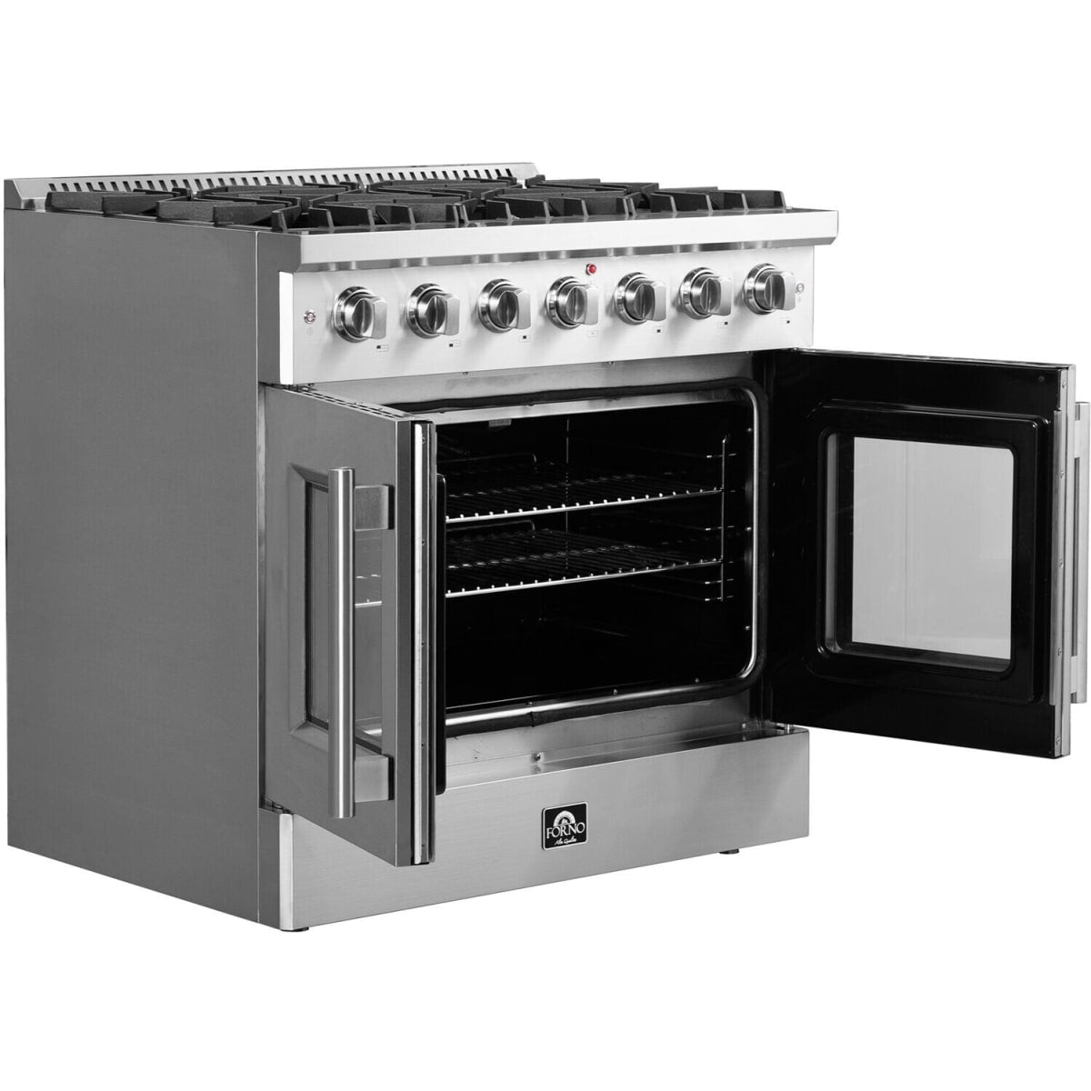 Forno Galiano FFSGS644436 36 Inch Freestanding French Door Gas Range with 6 Sealed Burners, 5.36 cu. ft. Oven Capacity, Continuous Cast Iron Grates, and LP Convertible Kit Included: Stainless Steel