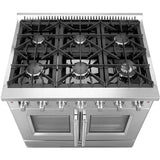 Forno Galiano FFSGS644436 36 Inch Freestanding French Door Gas Range with 6 Sealed Burners, 5.36 cu. ft. Oven Capacity, Continuous Cast Iron Grates, and LP Convertible Kit Included: Stainless Steel