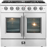 Forno Galiano FFSGS644436 36 Inch Freestanding French Door Gas Range with 6 Sealed Burners, 5.36 cu. ft. Oven Capacity, Continuous Cast Iron Grates, and LP Convertible Kit Included: Stainless Steel