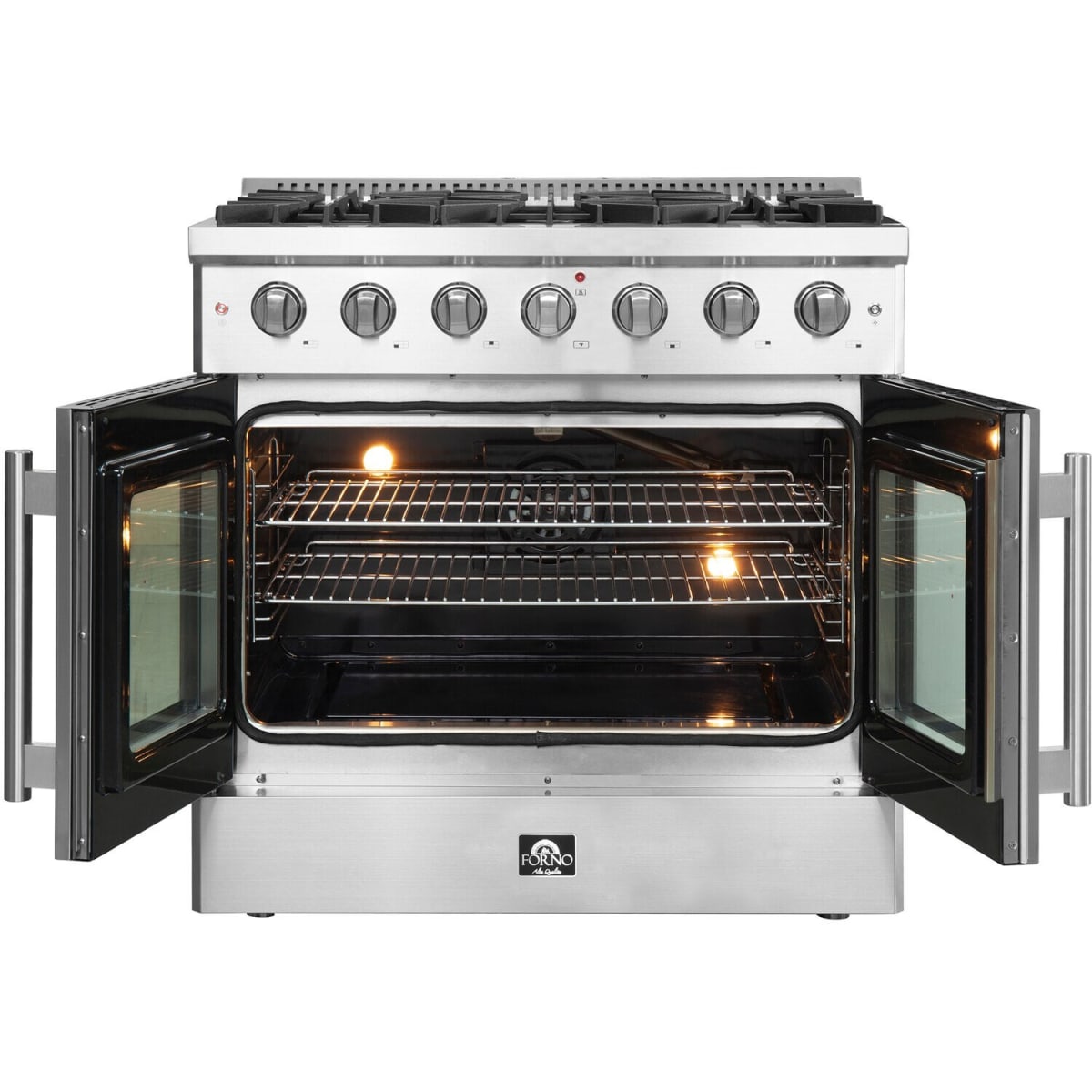 Forno Galiano FFSGS644436 36 Inch Freestanding French Door Gas Range with 6 Sealed Burners, 5.36 cu. ft. Oven Capacity, Continuous Cast Iron Grates, and LP Convertible Kit Included: Stainless Steel