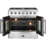 Forno Galiano FFSGS644436 36 Inch Freestanding French Door Gas Range with 6 Sealed Burners, 5.36 cu. ft. Oven Capacity, Continuous Cast Iron Grates, and LP Convertible Kit Included: Stainless Steel