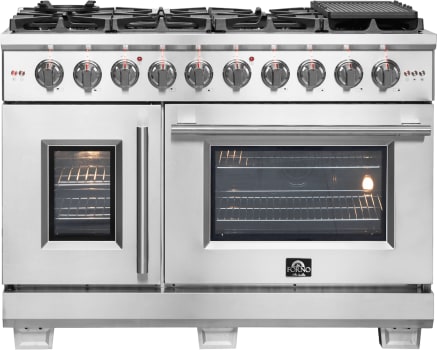 Forno Capriasca FFSGS646048 Freestanding Gas Range with Air Fry, Steam Clean Oven, and Illuminated Metal Knobs: 48" Width, 8 Sealed Burners, 6.58 cu. ft. Total Capacity