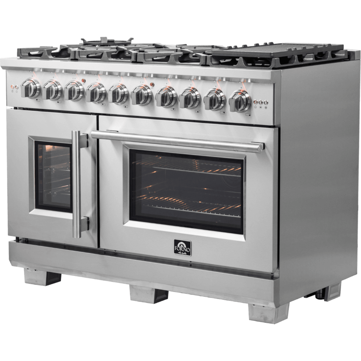 Forno Capriasca FFSGS646048 Freestanding Gas Range with Air Fry, Steam Clean Oven, and Illuminated Metal Knobs: 48" Width, 8 Sealed Burners, 6.58 cu. ft. Total Capacity