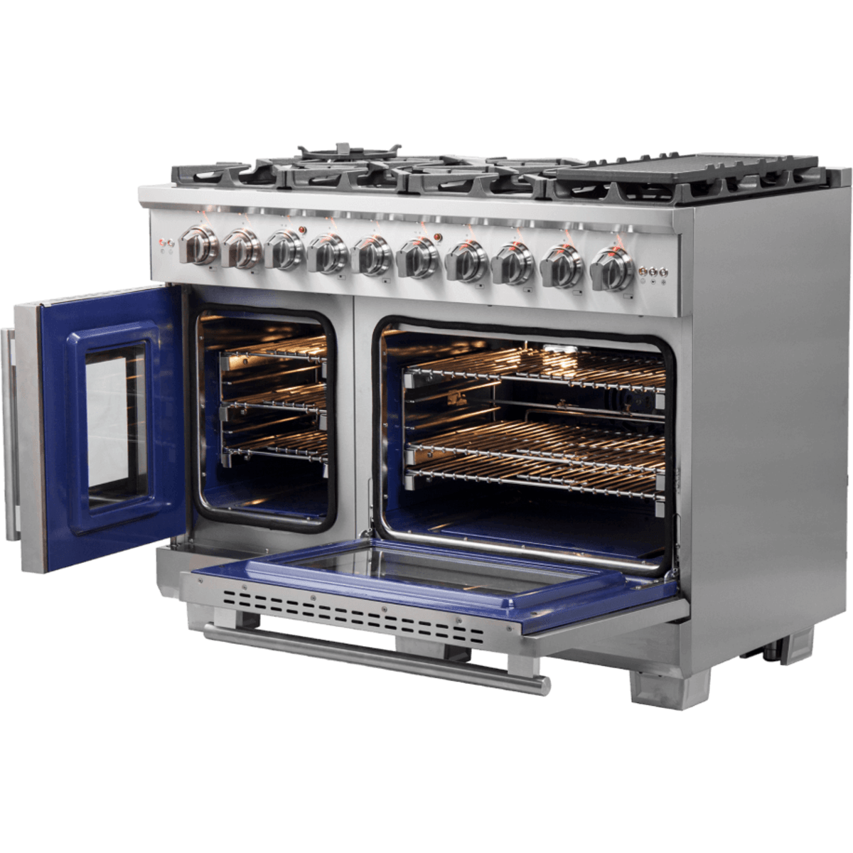 Forno Capriasca FFSGS646048 Freestanding Gas Range with Air Fry, Steam Clean Oven, and Illuminated Metal Knobs: 48" Width, 8 Sealed Burners, 6.58 cu. ft. Total Capacity
