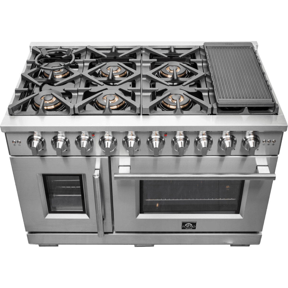 Forno Capriasca FFSGS646048 Freestanding Gas Range with Air Fry, Steam Clean Oven, and Illuminated Metal Knobs: 48" Width, 8 Sealed Burners, 6.58 cu. ft. Total Capacity