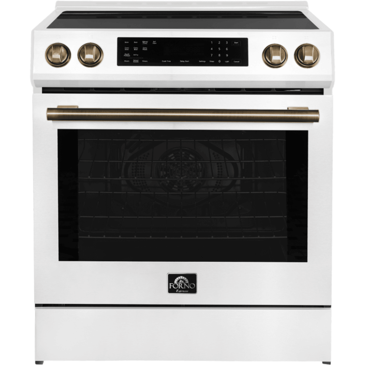 Forno Espresso FFSIN090530WHT DONATELLO 30 Inch Slide-In Induction Range with 4 Elements, 5 cu. ft. Oven Capacity, Self-Clean Oven, Air Fry, Capacitance Touch Control, Ceramic Glass Top, True Convection Oven, and Sabbath Mode: White