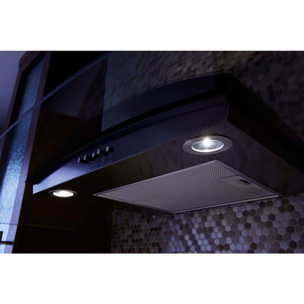 Whirlpool WVW51UC0HV black stainless glass wall range hood angle