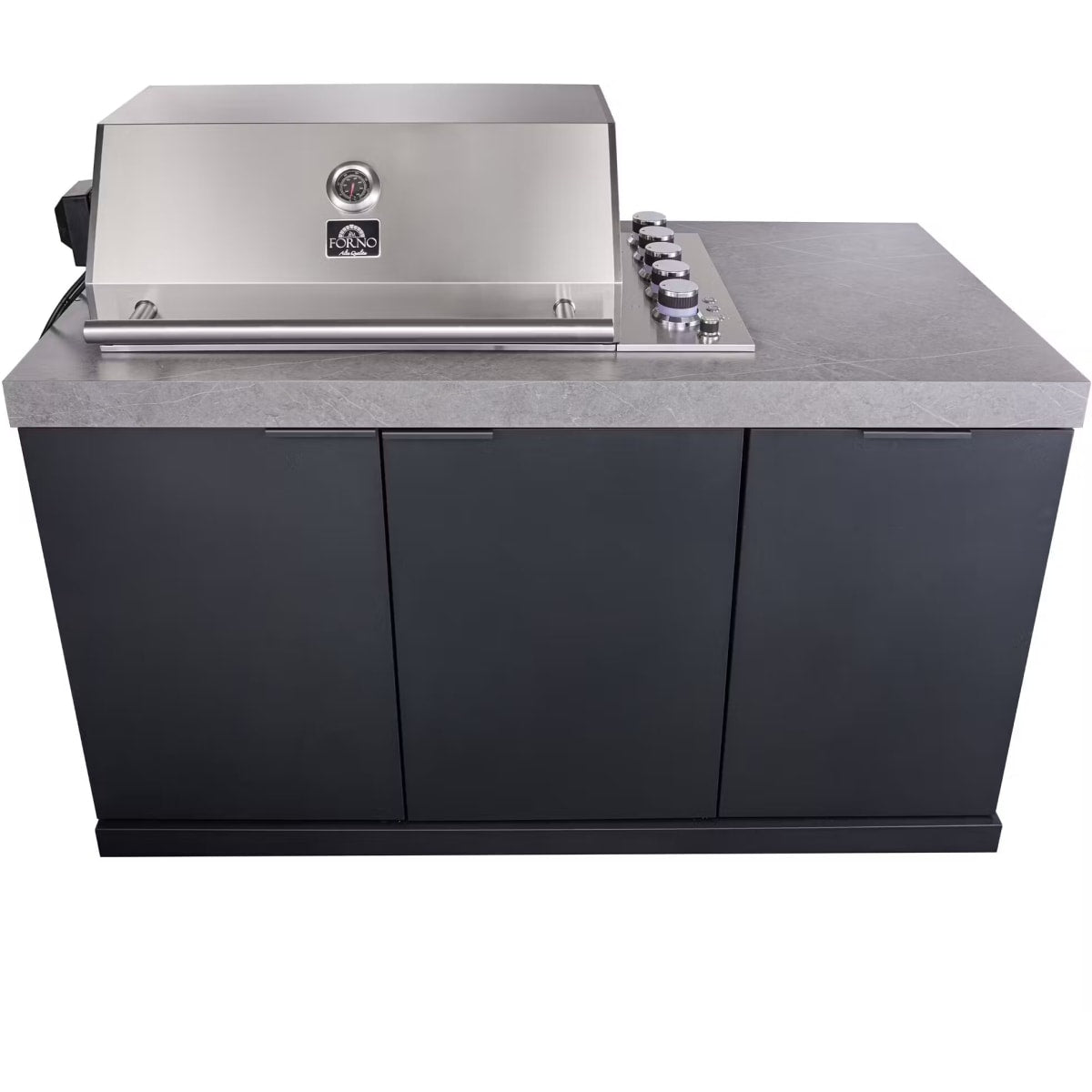 Forno FODKT2544BLK Rimini 30 Inch Outdoor Kitchen with 62,600 BTU BBQ Grill, 3 Burners with Sear & Rotisserie, 2.4 cu.ft. Beverage Center, Stainless Steel Sink and Gray Sintered Stone Countertop