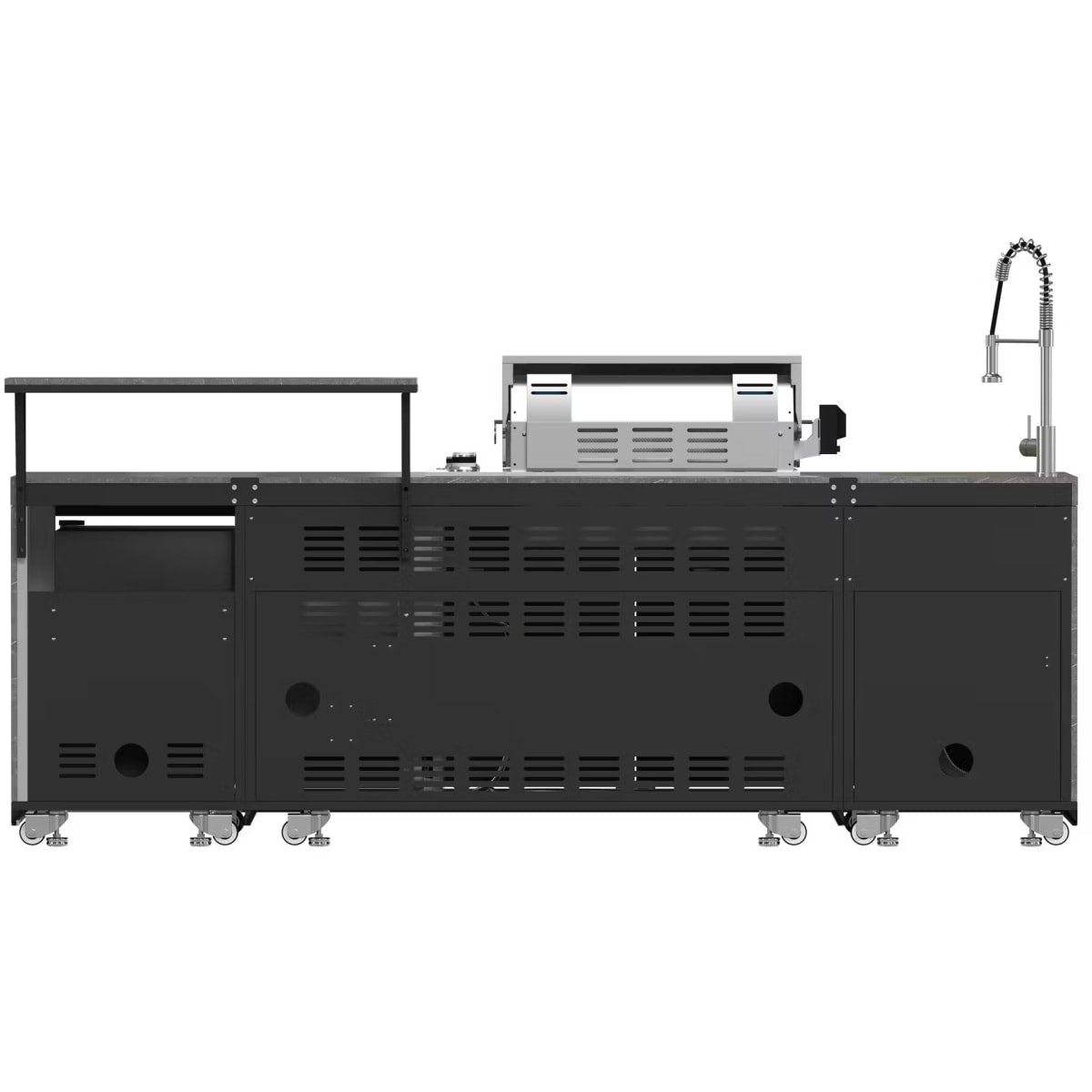 Forno FODKT2544BLK Rimini 30 Inch Outdoor Kitchen with 62,600 BTU BBQ Grill, 3 Burners with Sear & Rotisserie, 2.4 cu.ft. Beverage Center, Stainless Steel Sink and Gray Sintered Stone Countertop