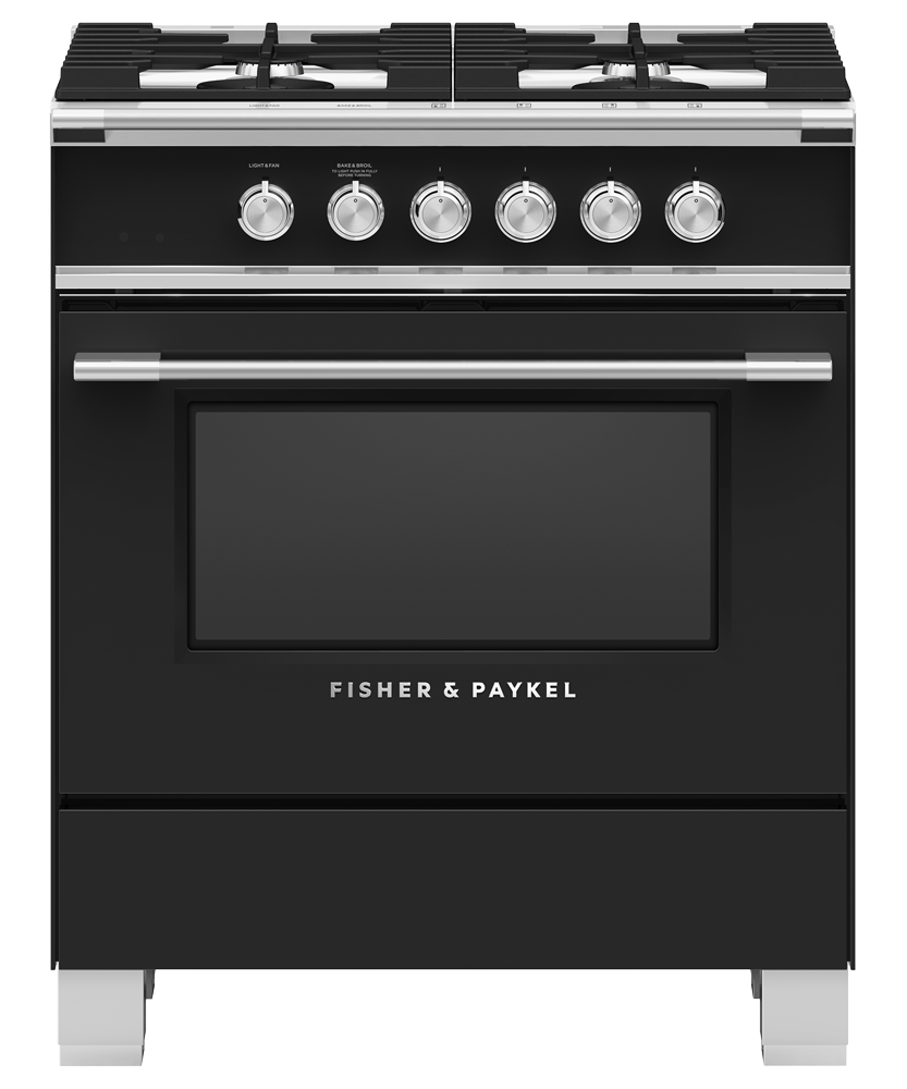 Fisher & Paykel OR30SCG4B1 30 inch Classic Gas Range in black - front studio view