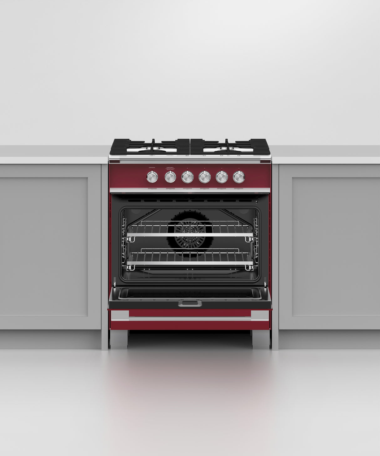 Fisher & Paykel OR30SCG4R1 range in kitchen with cookware