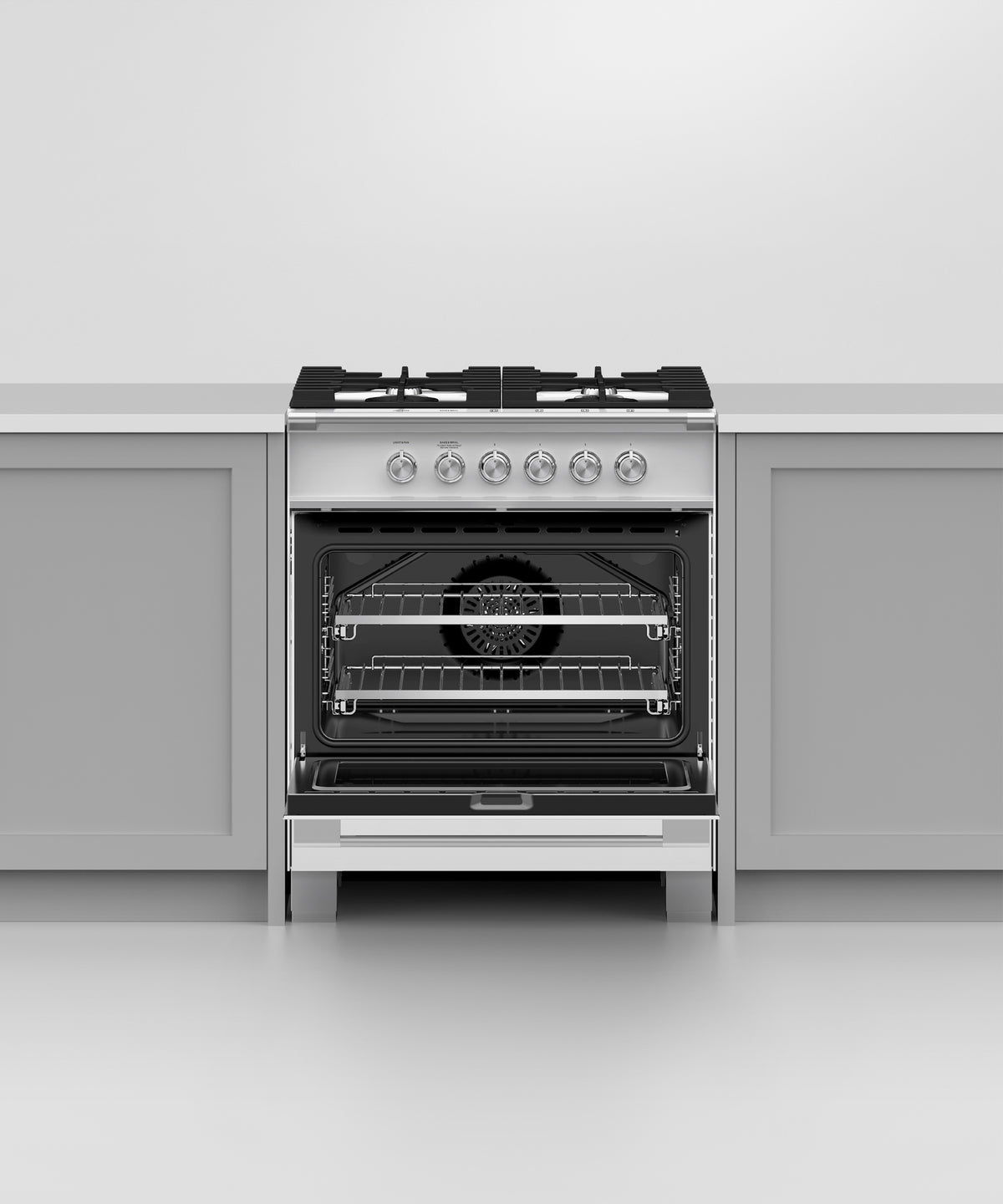 Fisher & Paykel OR30SCG4W1 range in kitchen with cookware