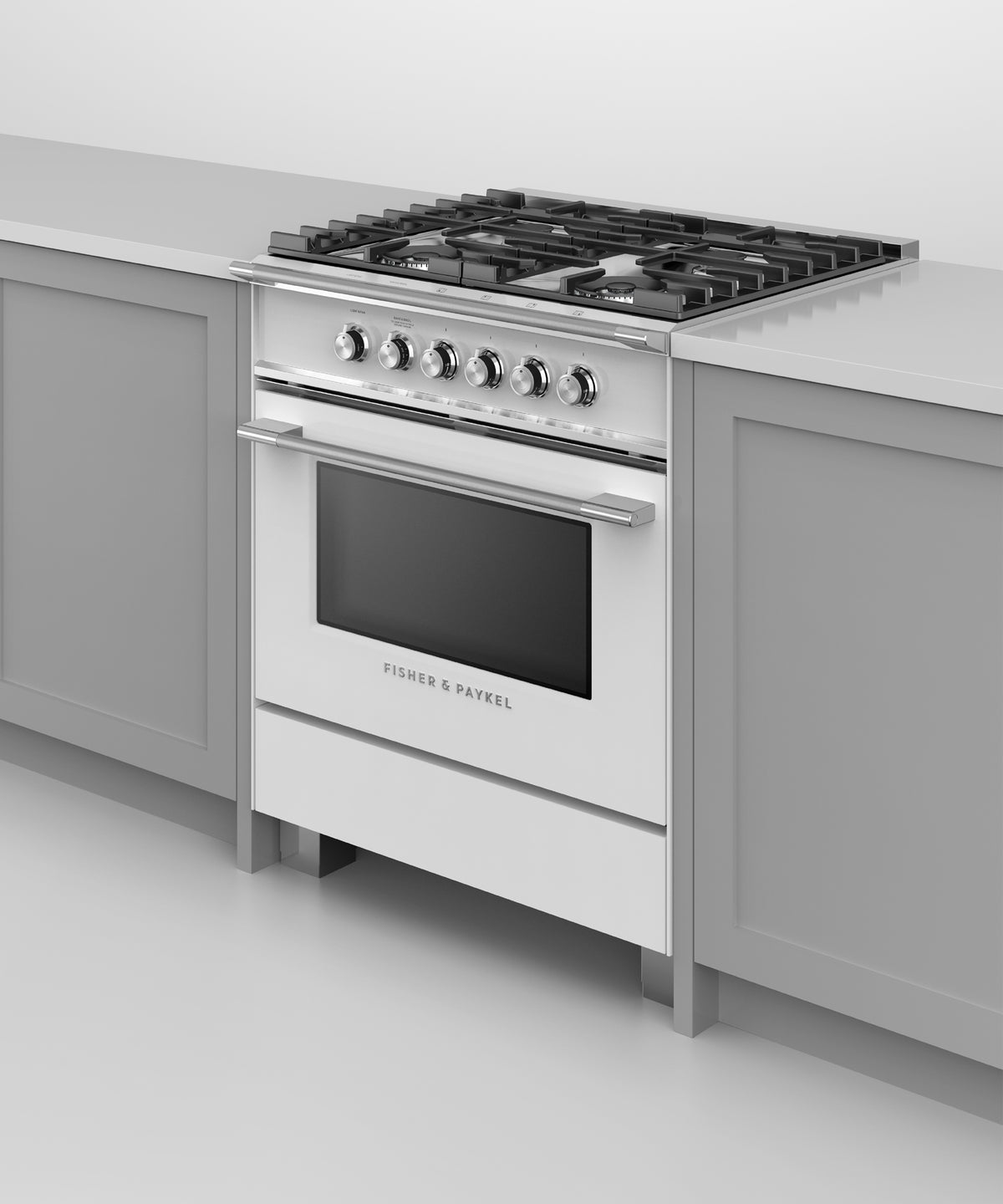 Fisher & Paykel OR30SCG4W1 range in kitchen, cooktop detail