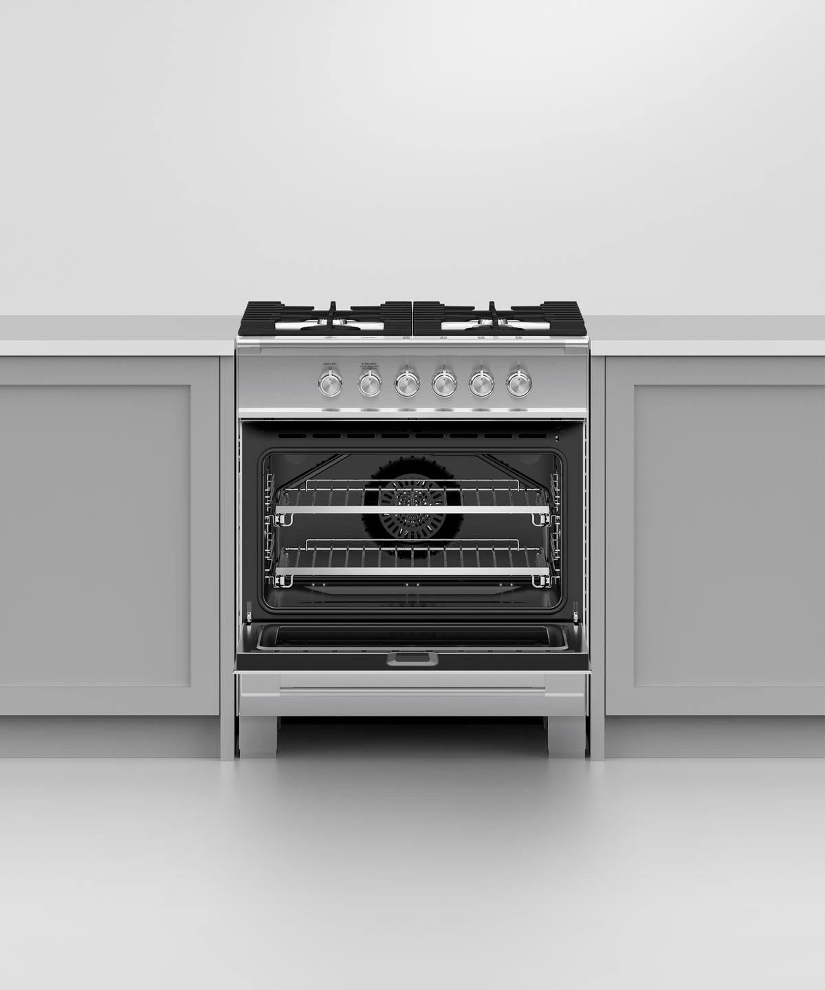 Fisher & Paykel OR30SCG4X1 range in kitchen with cookware