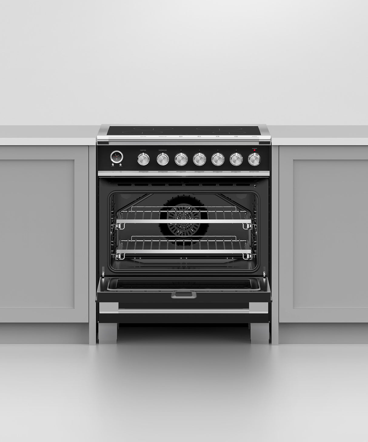 Fisher & Paykel OR30SCI6B1 range in kitchen with cookware