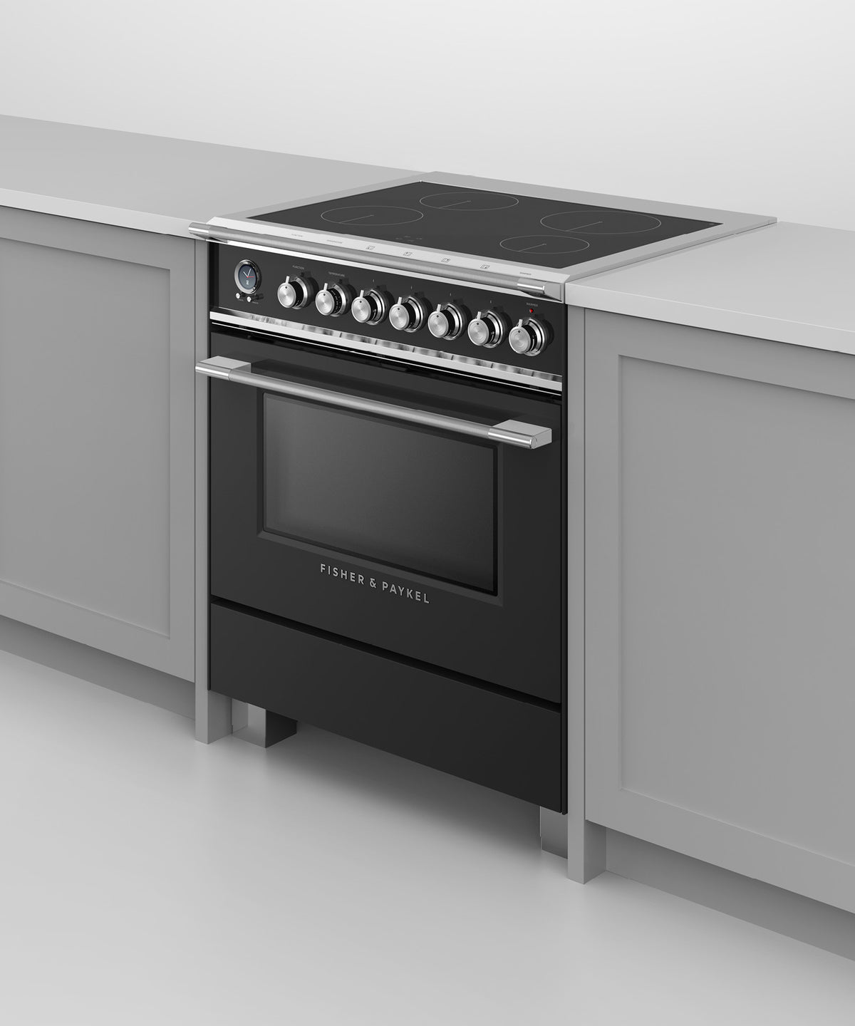 Fisher & Paykel OR30SCI6B1 range in kitchen, cooktop detail
