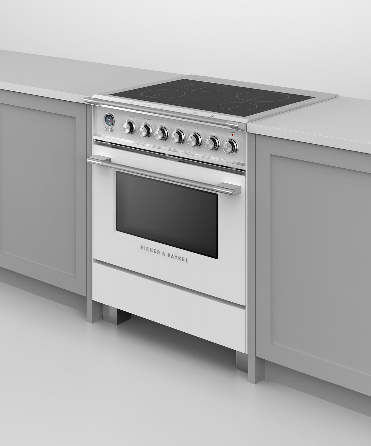Fisher & Paykel OR30SCI6W1 range in kitchen, cooktop detail