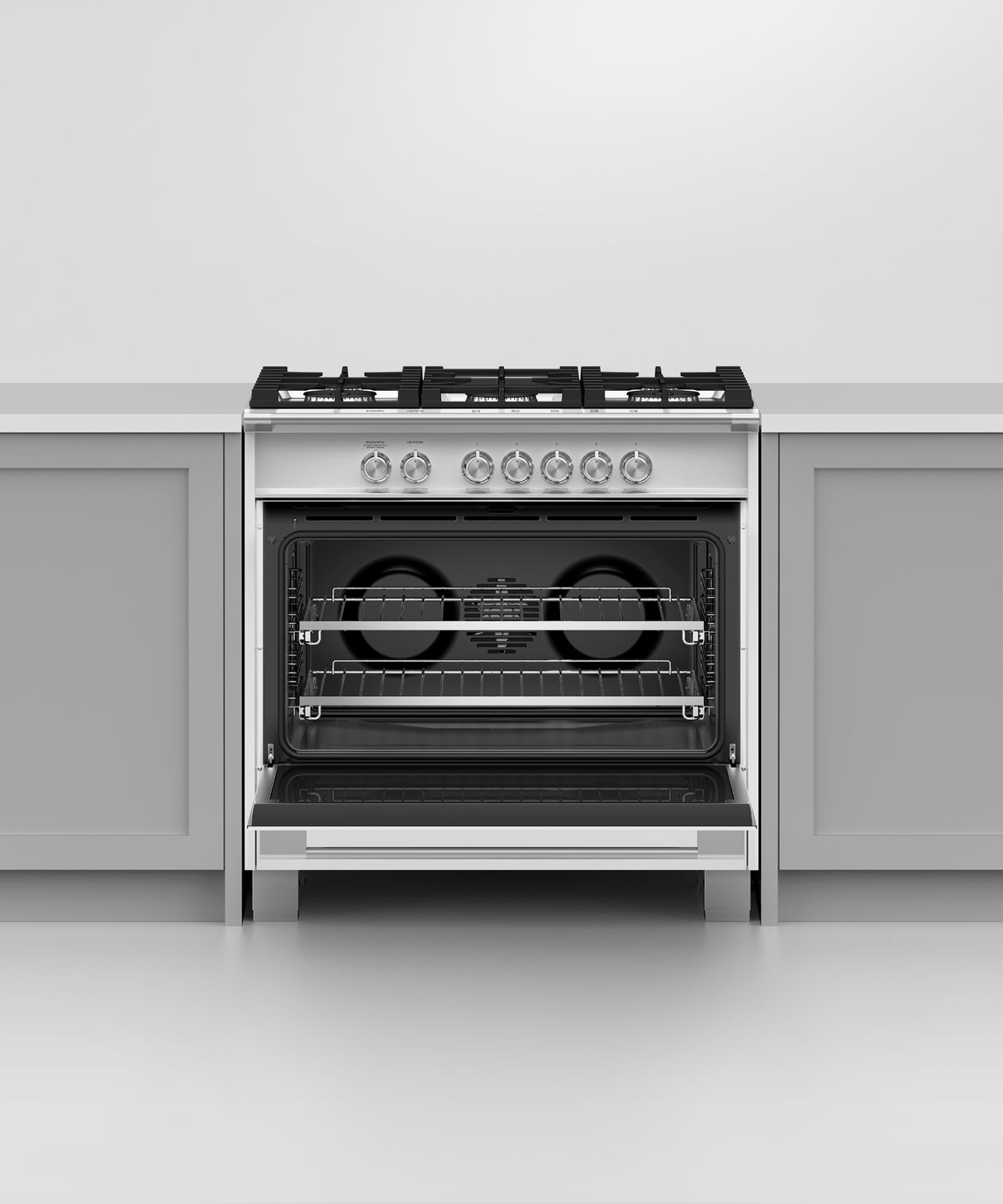 Fisher & Paykel OR36SCG4W1 range in kitchen with cookware