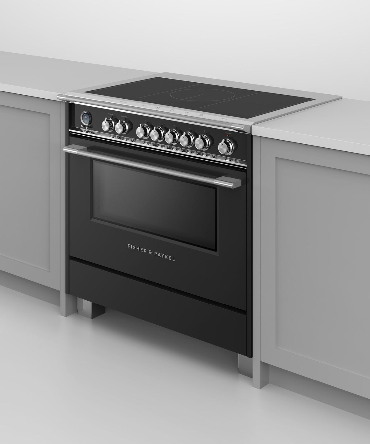 Fisher & Paykel OR36SCI6B1 range in kitchen, cooktop detail