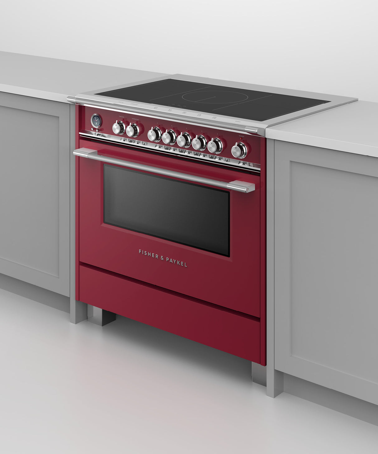 Fisher & Paykel OR36SCI6R1 range in kitchen, cooktop detail