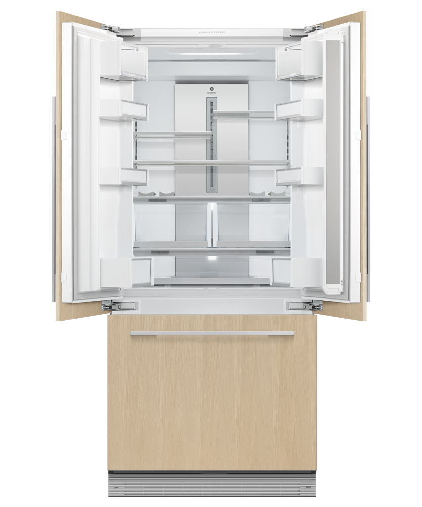 Fisher & Paykel 32 inch Series 7 Integrated French Door Refrigerator Freezer, panel ready, angled view