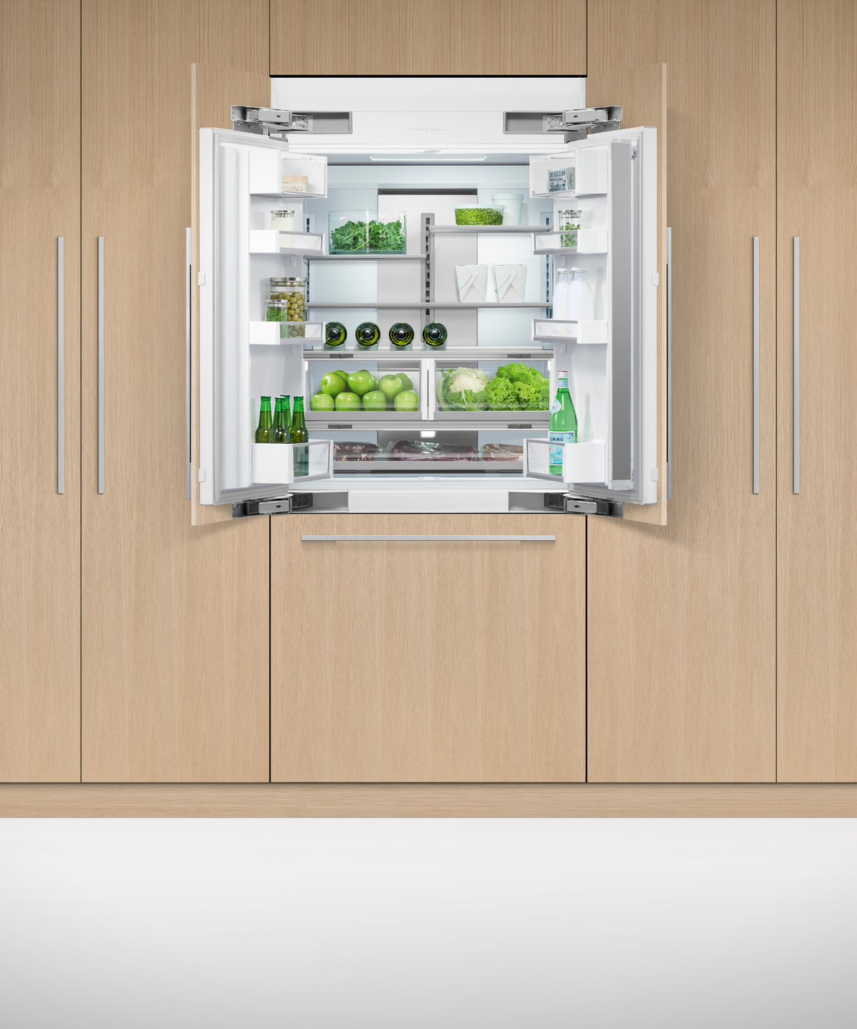 Fisher & Paykel 36 inch Series 7 Integrated French Door Refrigerator Freezer installed in kitchen, 84 inch height configuration