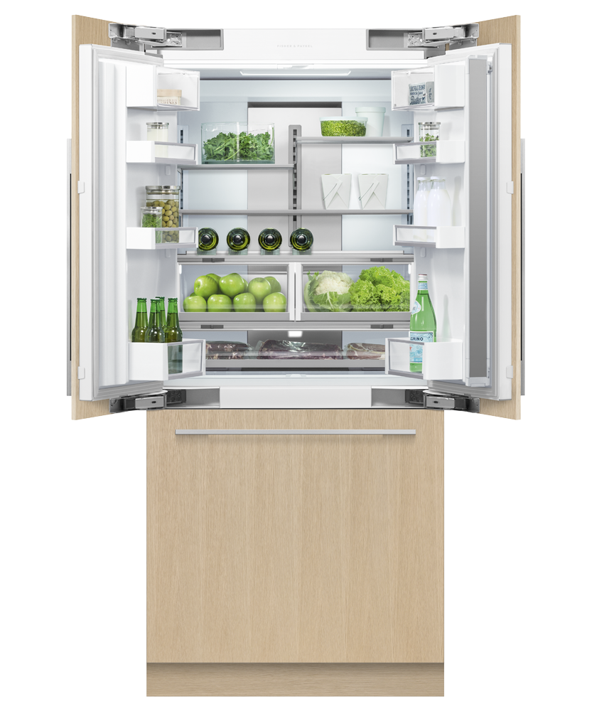 Fisher & Paykel 36 inch Series 7 Integrated French Door Refrigerator Freezer, panel ready, angled view